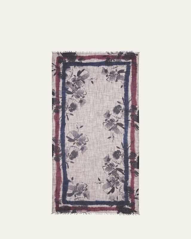 Stefanella Floral Outlined Cashmere Silk Scarf